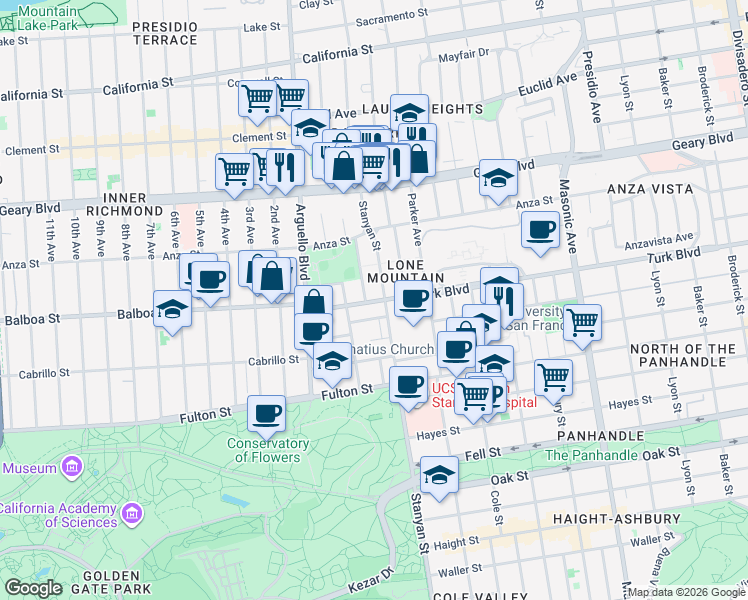 map of restaurants, bars, coffee shops, grocery stores, and more near 3001 Turk Boulevard in San Francisco