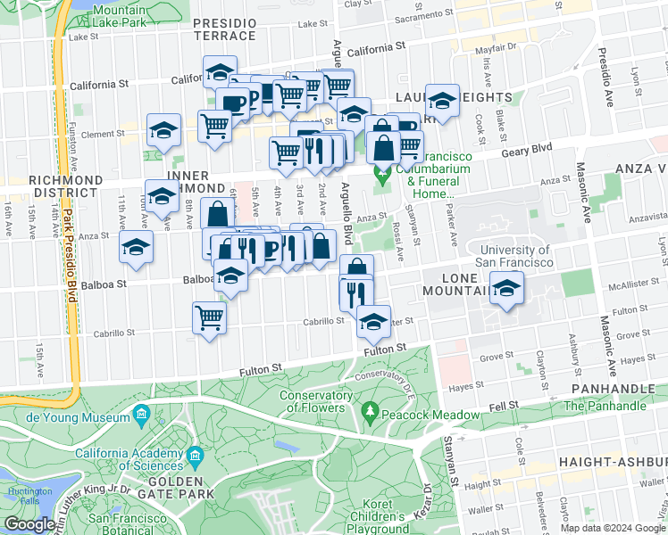 map of restaurants, bars, coffee shops, grocery stores, and more near 597 2nd Avenue in San Francisco