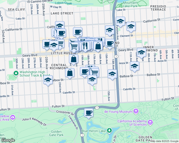 map of restaurants, bars, coffee shops, grocery stores, and more near 551 17th Avenue in San Francisco