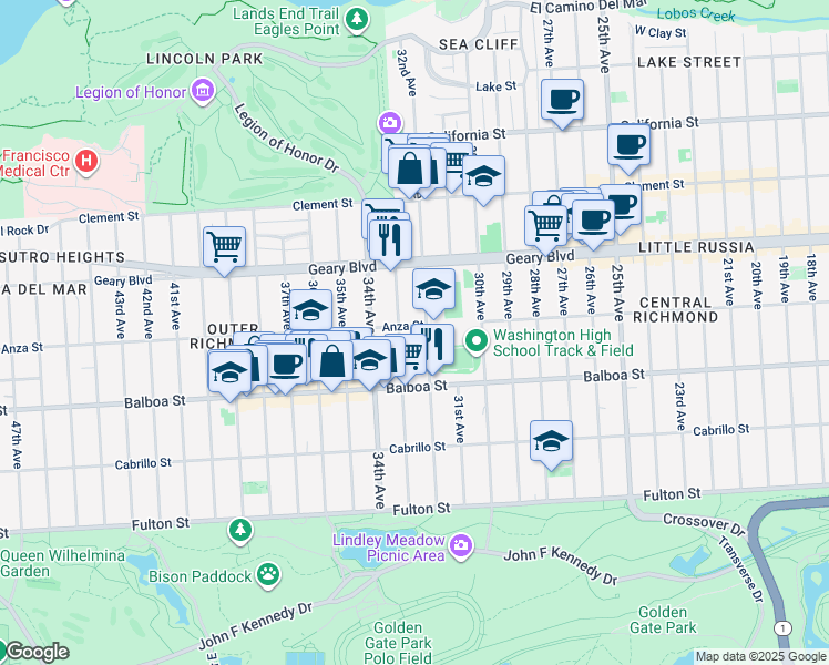 map of restaurants, bars, coffee shops, grocery stores, and more near 610 33rd Avenue in San Francisco