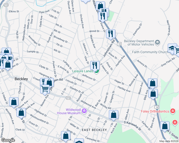 map of restaurants, bars, coffee shops, grocery stores, and more near 624 Johnstown Road in Beckley