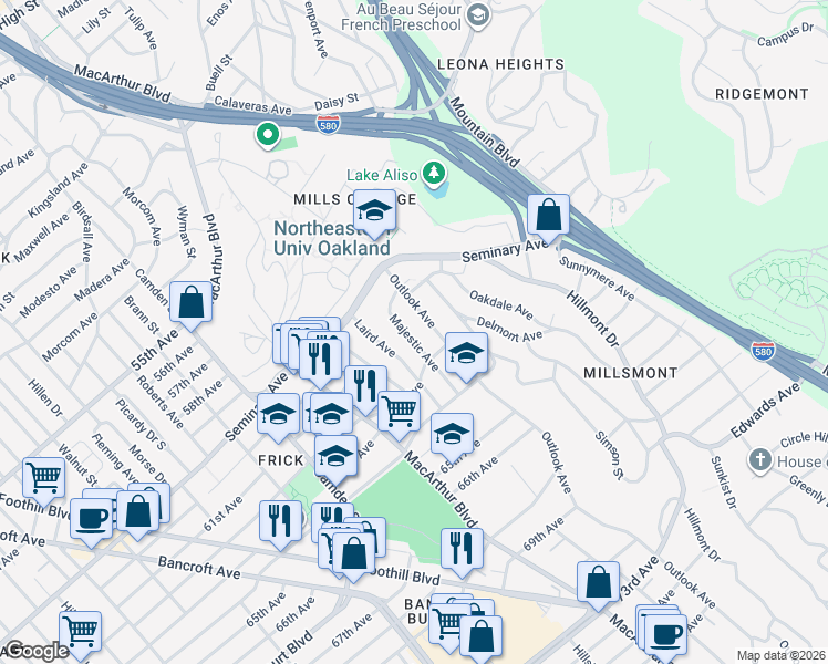 map of restaurants, bars, coffee shops, grocery stores, and more near 6100 Majestic Avenue in Oakland