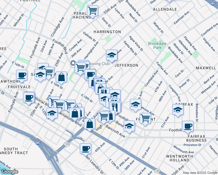 map of restaurants, bars, coffee shops, grocery stores, and more near 1961 41st Avenue in Oakland