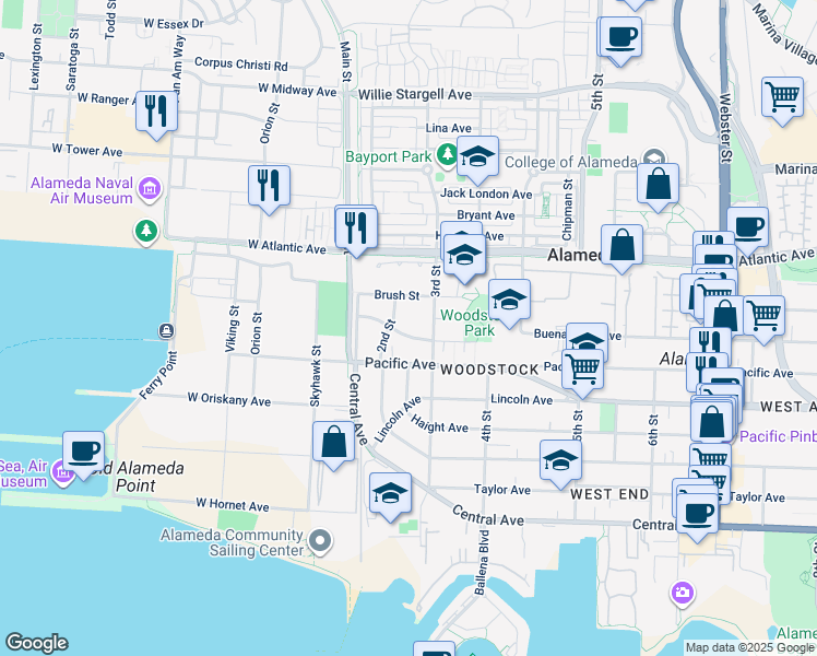 map of restaurants, bars, coffee shops, grocery stores, and more near 219 Cypress Street in Alameda