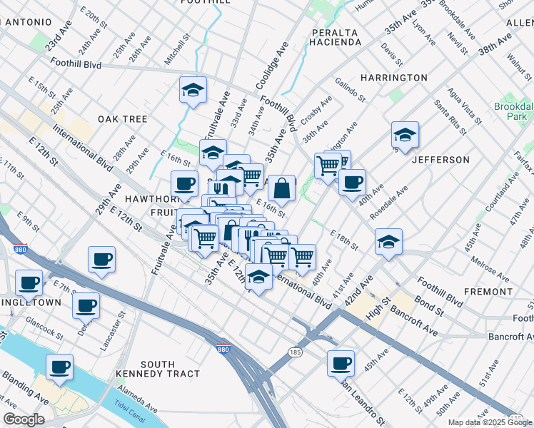 map of restaurants, bars, coffee shops, grocery stores, and more near 1530 36th Avenue in Oakland