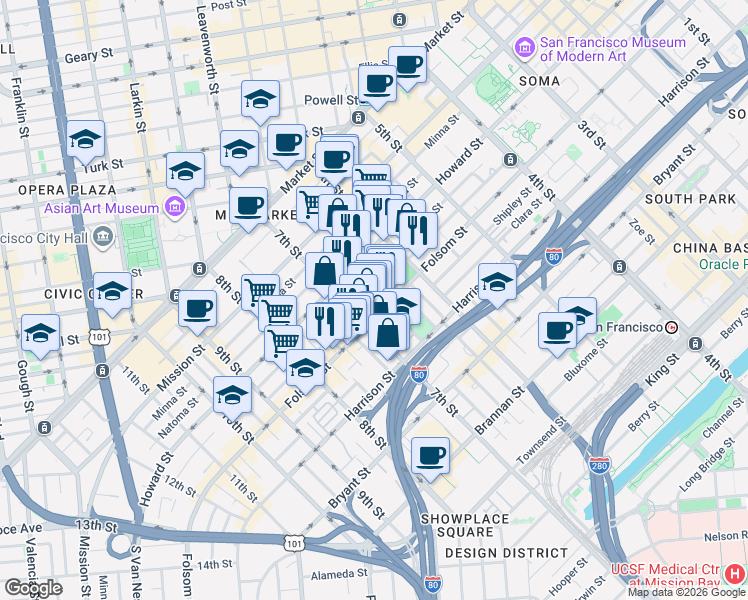 map of restaurants, bars, coffee shops, grocery stores, and more near 1074 Folsom Street in San Francisco