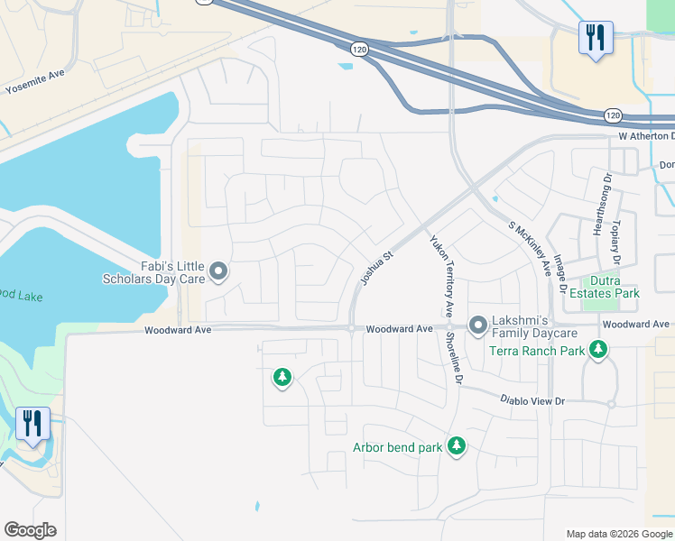 map of restaurants, bars, coffee shops, grocery stores, and more near 1722 Halo Avenue in Manteca