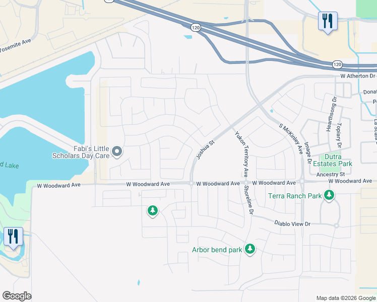 map of restaurants, bars, coffee shops, grocery stores, and more near 1715 Felbrigg Drive in Manteca