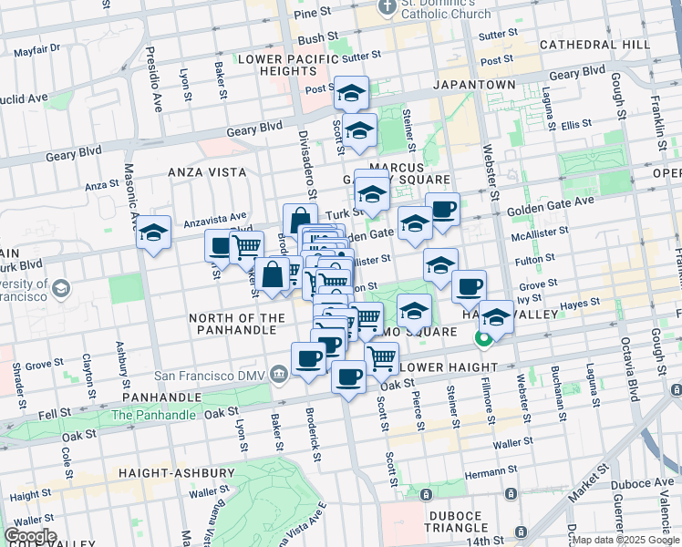 map of restaurants, bars, coffee shops, grocery stores, and more near 1555 McAllister Street in San Francisco
