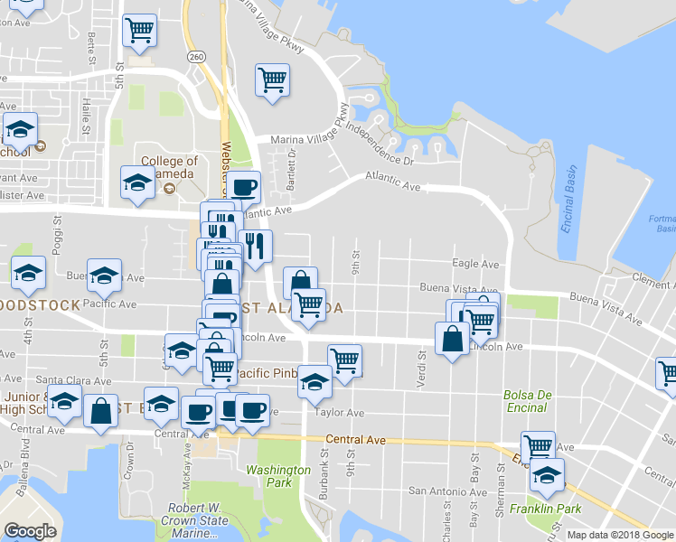 map of restaurants, bars, coffee shops, grocery stores, and more near 1812 Nason Street in Alameda