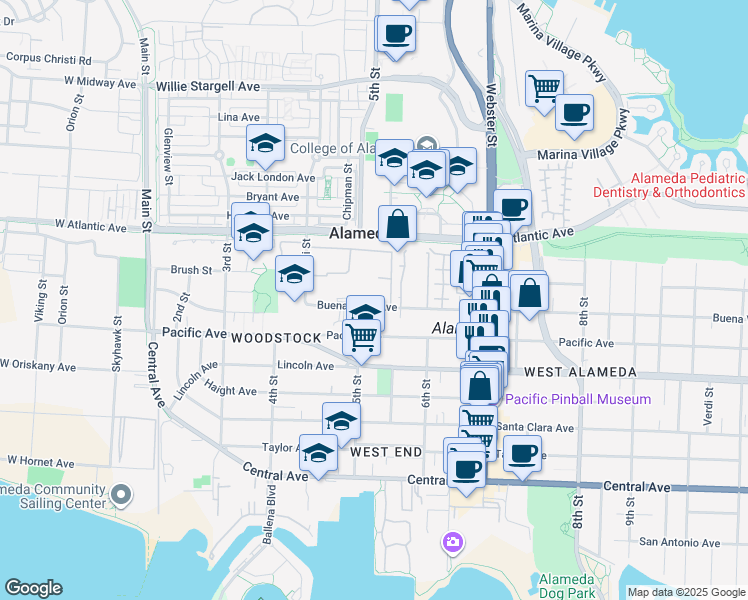 map of restaurants, bars, coffee shops, grocery stores, and more near 529A Buena Vista Avenue in Alameda