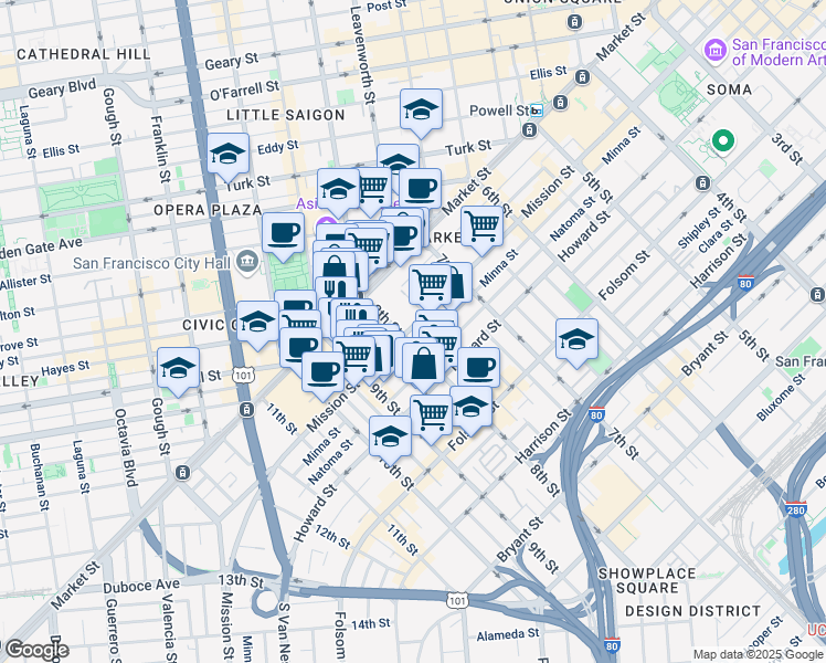 map of restaurants, bars, coffee shops, grocery stores, and more near 1185 Mission Street in San Francisco