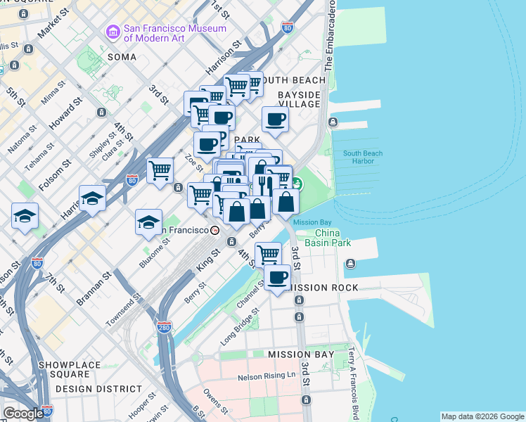 map of restaurants, bars, coffee shops, grocery stores, and more near 207 King Street in San Francisco