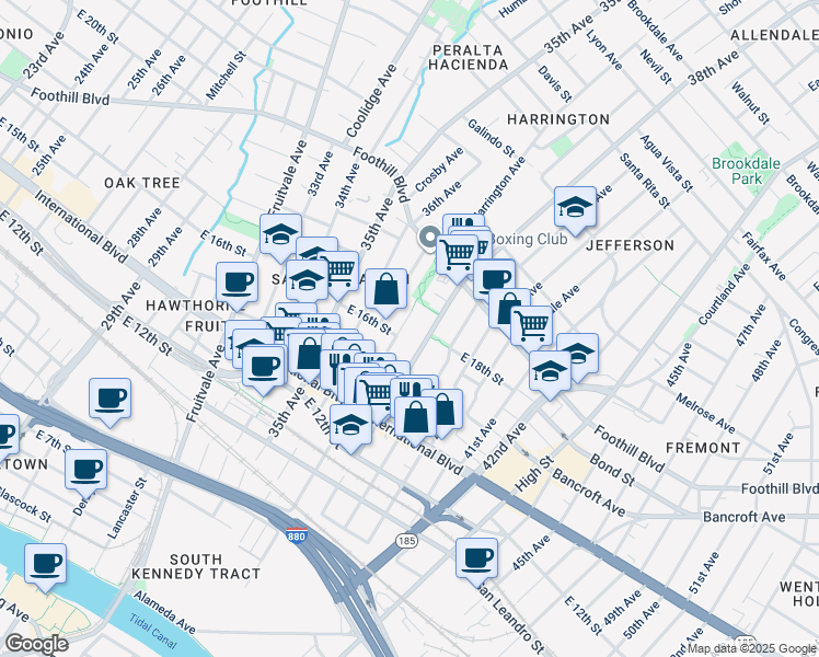 map of restaurants, bars, coffee shops, grocery stores, and more near 1718 37th Avenue in Oakland