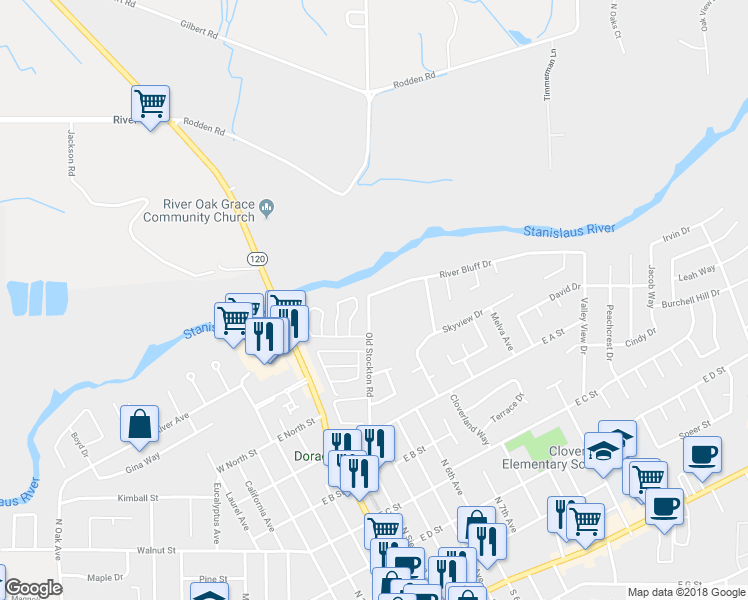 map of restaurants, bars, coffee shops, grocery stores, and more near 803 River Bluff Drive in Oakdale