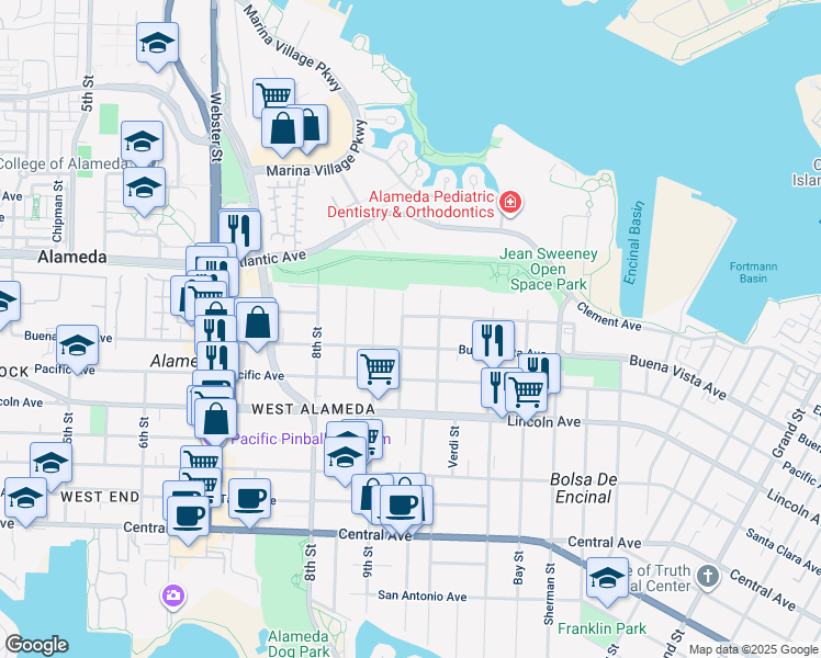 map of restaurants, bars, coffee shops, grocery stores, and more near 1816 Wood Street in Alameda