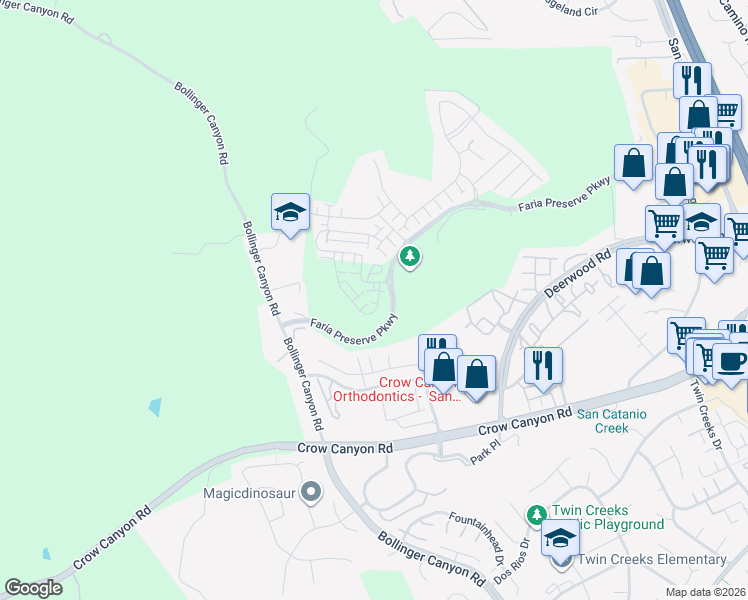 map of restaurants, bars, coffee shops, grocery stores, and more near 310 Hillcrest Court in San Ramon