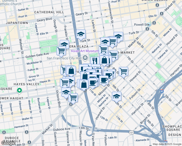 map of restaurants, bars, coffee shops, grocery stores, and more near 95 Hayes Street in San Francisco