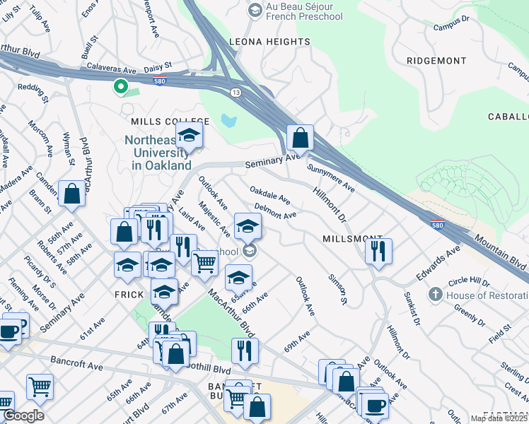 map of restaurants, bars, coffee shops, grocery stores, and more near 3690 Delmont Avenue in Oakland