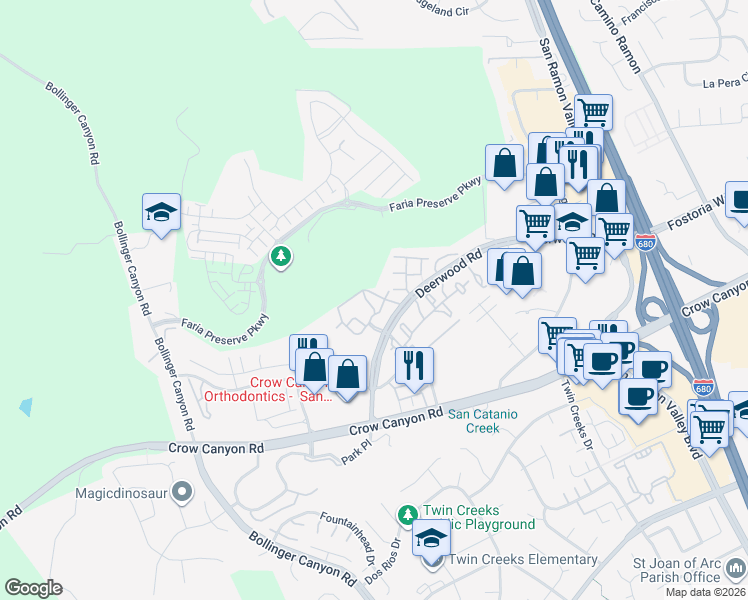 map of restaurants, bars, coffee shops, grocery stores, and more near 3300 Promontory Way in San Ramon