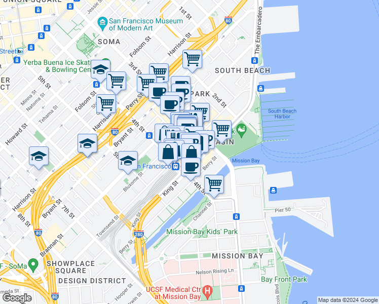 map of restaurants, bars, coffee shops, grocery stores, and more near 250-260 King Street in San Francisco