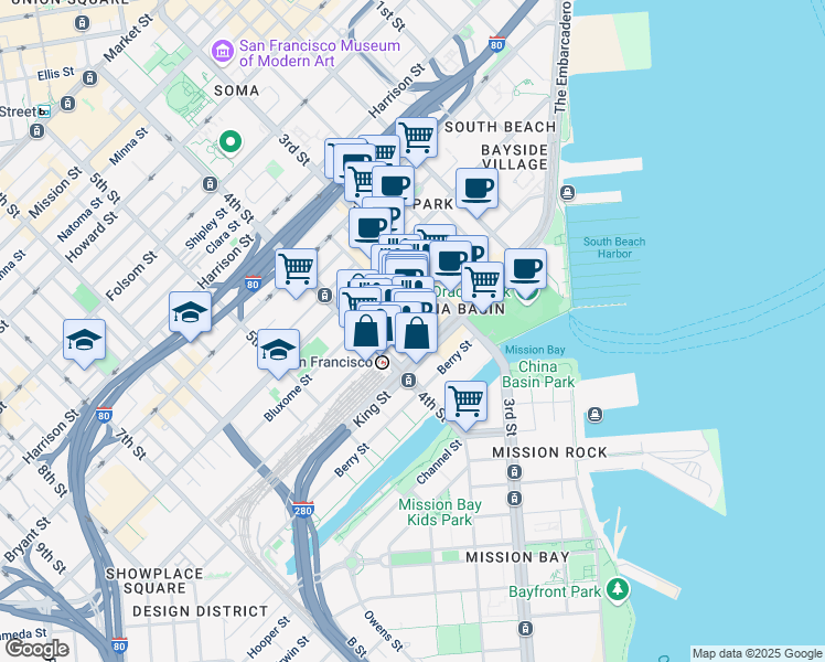 map of restaurants, bars, coffee shops, grocery stores, and more near 260 King Street in San Francisco