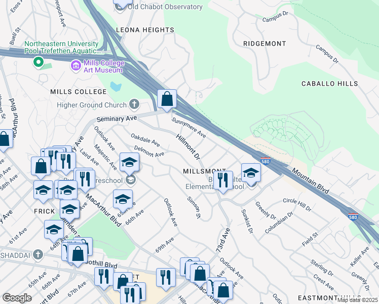 map of restaurants, bars, coffee shops, grocery stores, and more near 6391 Hillmont Drive in Oakland