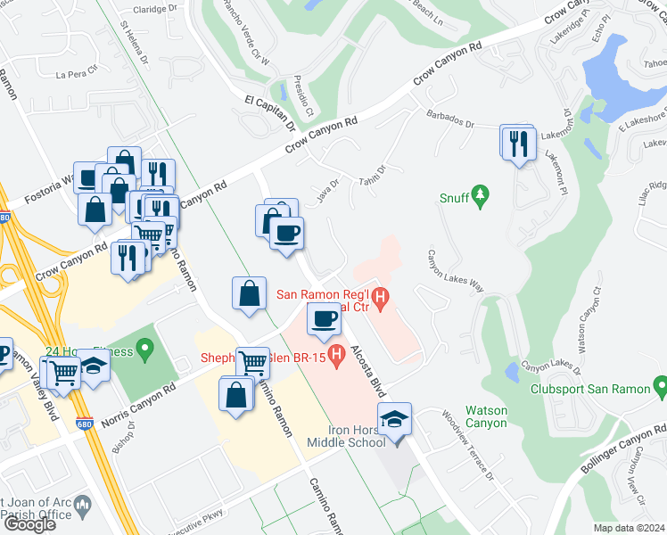 map of restaurants, bars, coffee shops, grocery stores, and more near 281 Norris Canyon Terrace in San Ramon