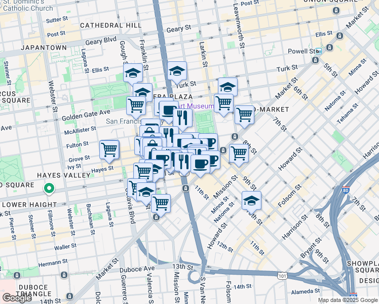 map of restaurants, bars, coffee shops, grocery stores, and more near in San Francisco