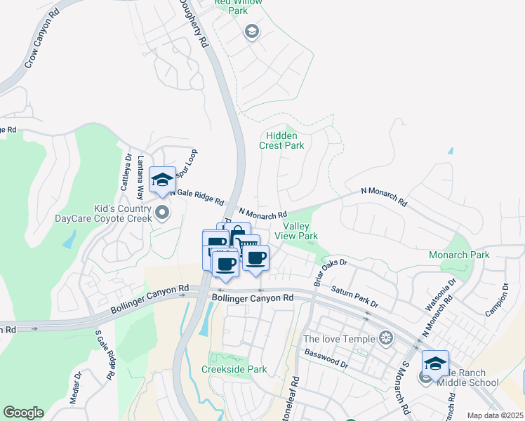 map of restaurants, bars, coffee shops, grocery stores, and more near 100 Elegans Court in San Ramon