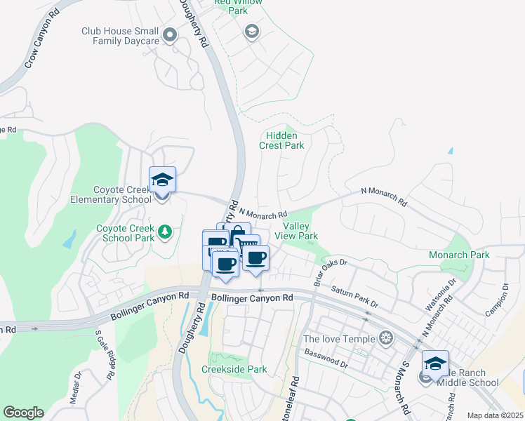 map of restaurants, bars, coffee shops, grocery stores, and more near 100 Elegans Court in San Ramon