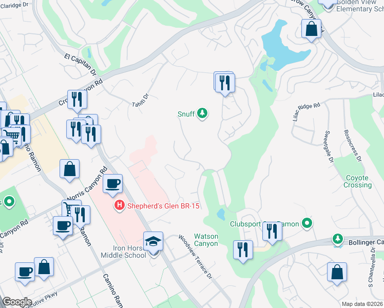 map of restaurants, bars, coffee shops, grocery stores, and more near 205 Canyon Lakes Place in San Ramon