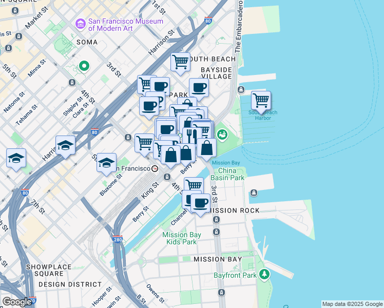 map of restaurants, bars, coffee shops, grocery stores, and more near 24 King Street in San Francisco