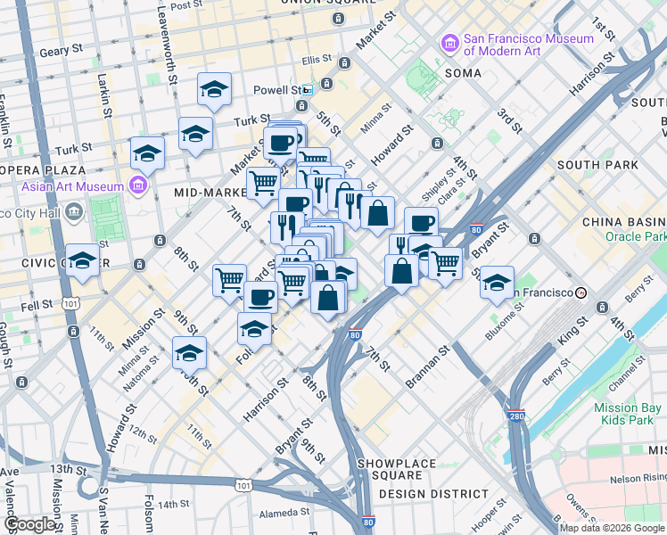 map of restaurants, bars, coffee shops, grocery stores, and more near Folsom St & Russ St in San Francisco