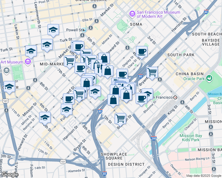 map of restaurants, bars, coffee shops, grocery stores, and more near 1000 Harrison Street in San Francisco