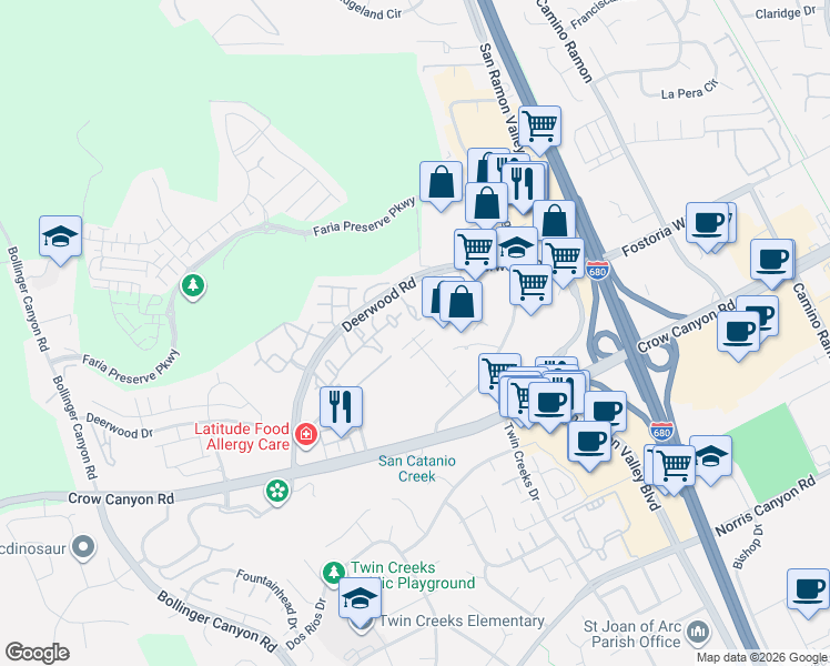 map of restaurants, bars, coffee shops, grocery stores, and more near 540 Ryan Terrace in San Ramon