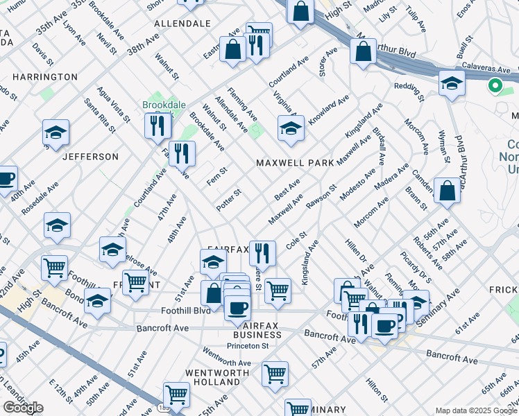 map of restaurants, bars, coffee shops, grocery stores, and more near 2533 Best Avenue in Oakland