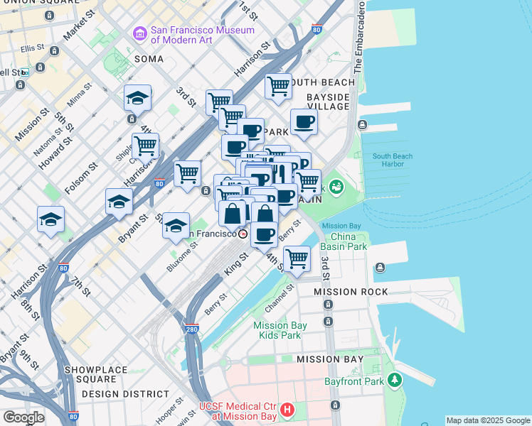 map of restaurants, bars, coffee shops, grocery stores, and more near 252 King Street in San Francisco