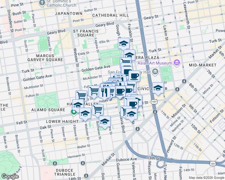 map of restaurants, bars, coffee shops, grocery stores, and more near 510 Grove Street in San Francisco