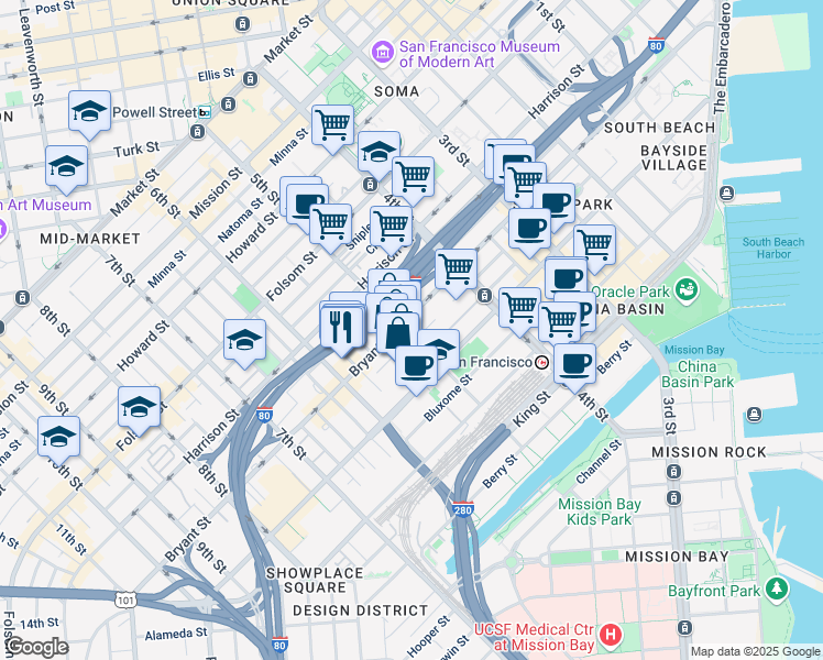 map of restaurants, bars, coffee shops, grocery stores, and more near 527 5th Street in San Francisco