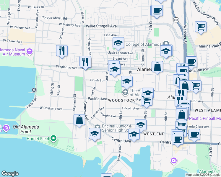 map of restaurants, bars, coffee shops, grocery stores, and more near 310 Spruce Street in Alameda