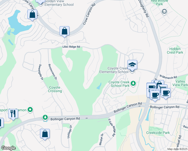 map of restaurants, bars, coffee shops, grocery stores, and more near 5565 Satinleaf Way in San Ramon