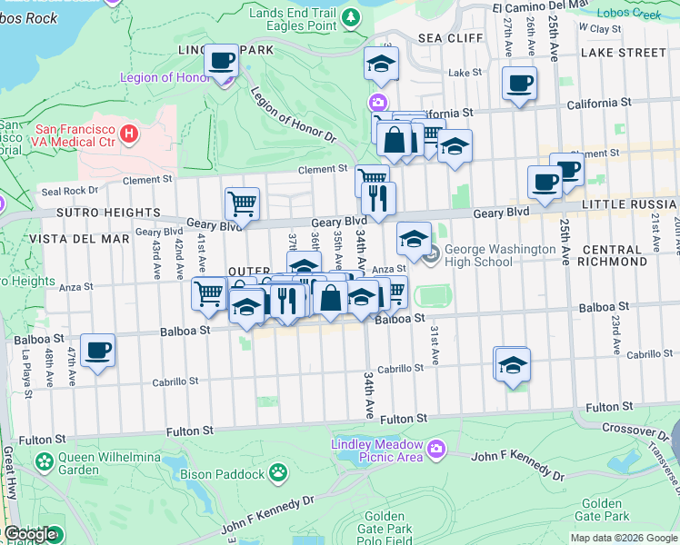 map of restaurants, bars, coffee shops, grocery stores, and more near Anza Street & 35th Avenue in San Francisco
