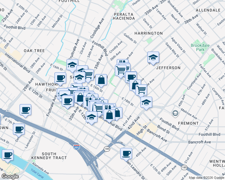 map of restaurants, bars, coffee shops, grocery stores, and more near 1718 37th Avenue in Oakland