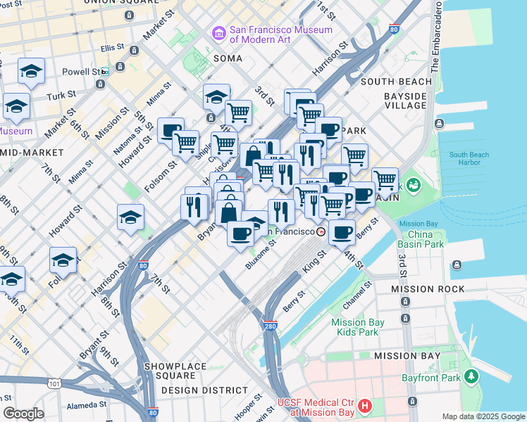 map of restaurants, bars, coffee shops, grocery stores, and more near 175 Freelon Street in San Francisco
