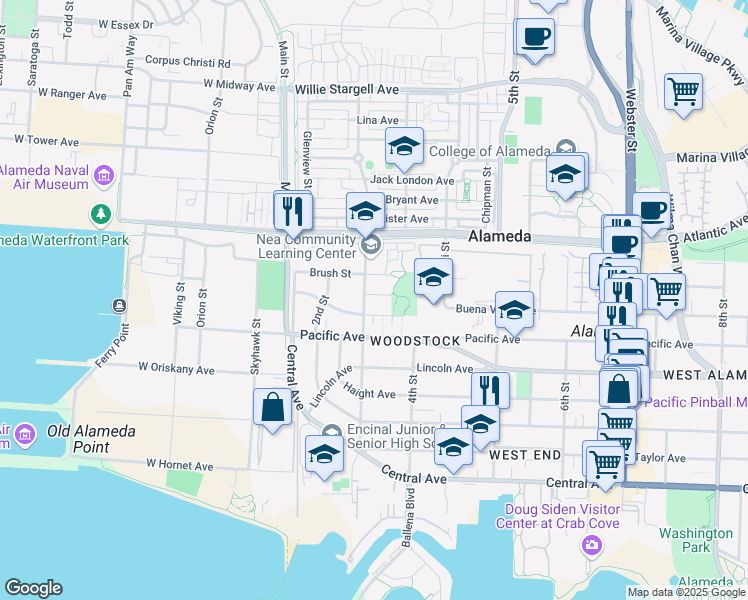 map of restaurants, bars, coffee shops, grocery stores, and more near 308 Spruce Street in Alameda