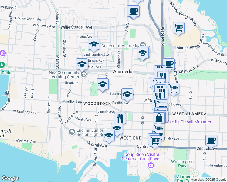 map of restaurants, bars, coffee shops, grocery stores, and more near 453 Buena Vista Avenue in Alameda