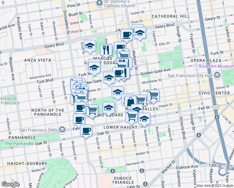 map of restaurants, bars, coffee shops, grocery stores, and more near 990 Fulton Street in San Francisco