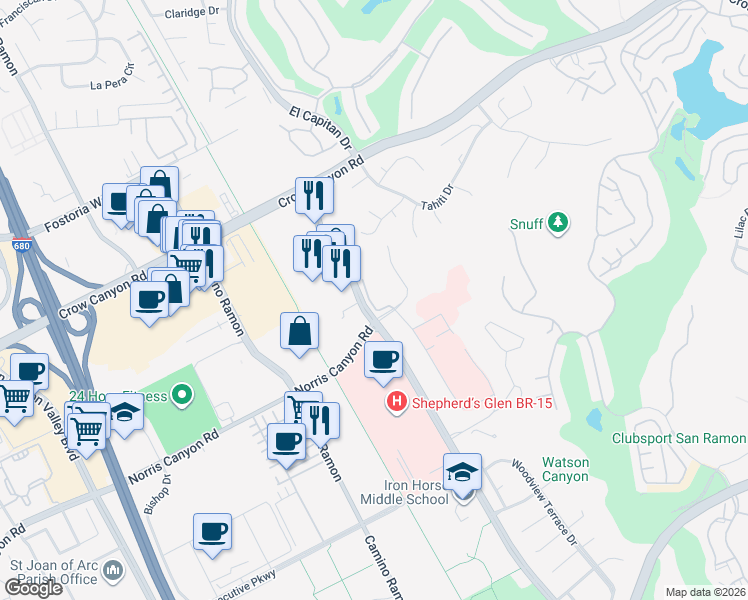 map of restaurants, bars, coffee shops, grocery stores, and more near 12855 Alcosta Boulevard in San Ramon