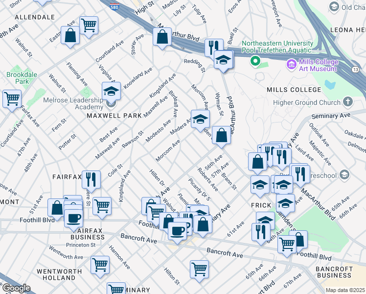 map of restaurants, bars, coffee shops, grocery stores, and more near 5402 Roberts Avenue in Oakland